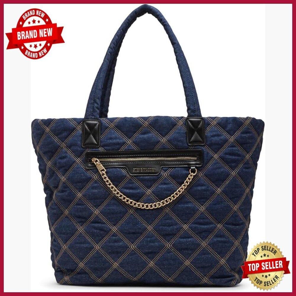 Quilted Cotton Tote Bag with Chain Hardware and Zip Pocket